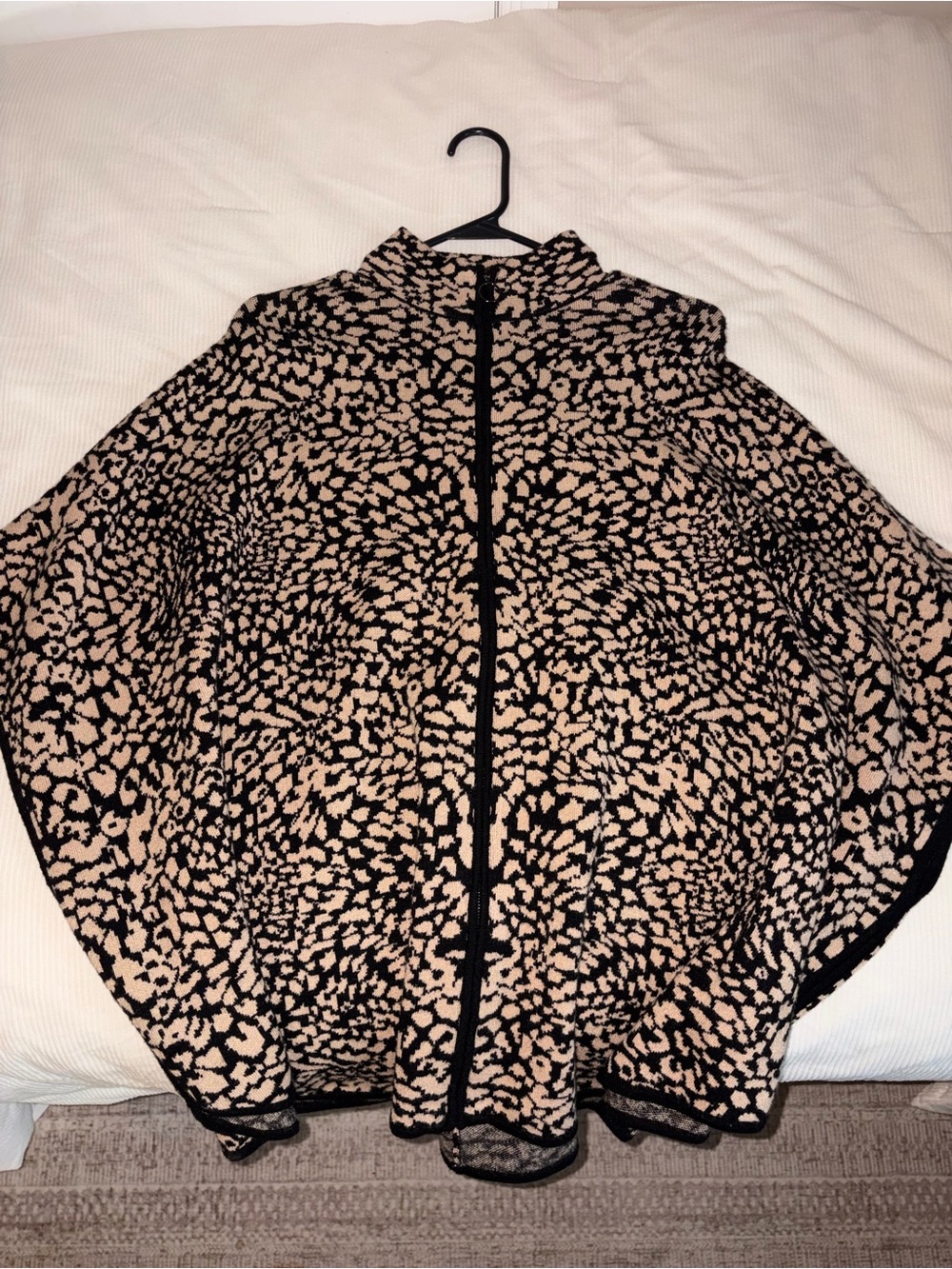 Grace Leopard Print Zip-Front Cape Poncho | Black & Tan | Size M